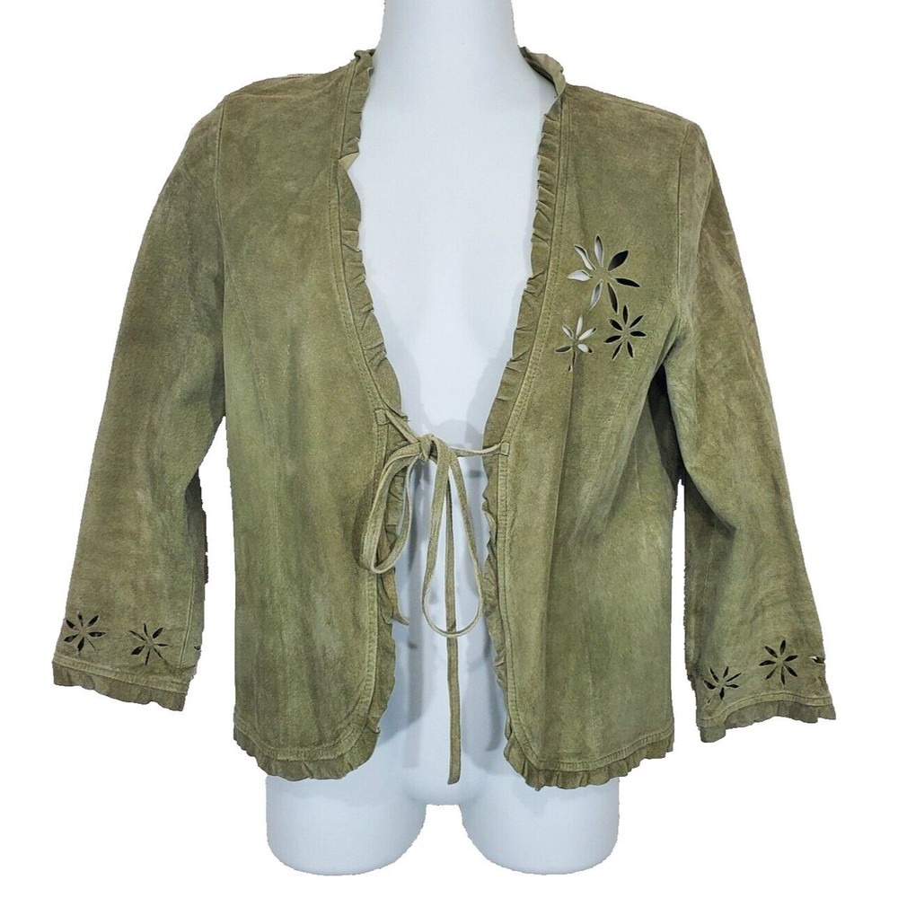 Karen Kane Lifestyle Suede Jacket Small Laser Cut Sage Green Blazer Tie Front - Picture 1 of 15